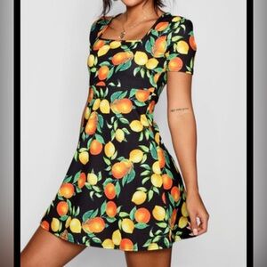 Lemon Print Short Sleeve Skater Dress Black & Multicolor By Boohoo Size 8 Medium
